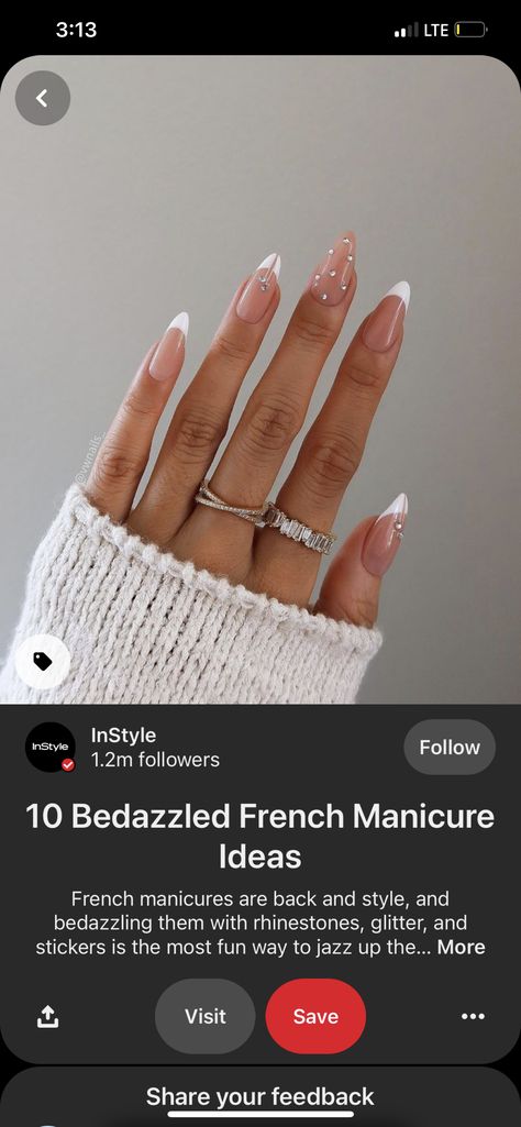 Bedazzle French Tip, French Tip Bedazzled Nails, Nail Ideas For Formal Event, Bedazzled French Tip Nails, French Coffin Nail Ideas, Bedazzled Nails Rhinestones, French Tip Acrylic Nails With Rhinestone, French Manicure With Rhinestones, French Nails With Rhinestones