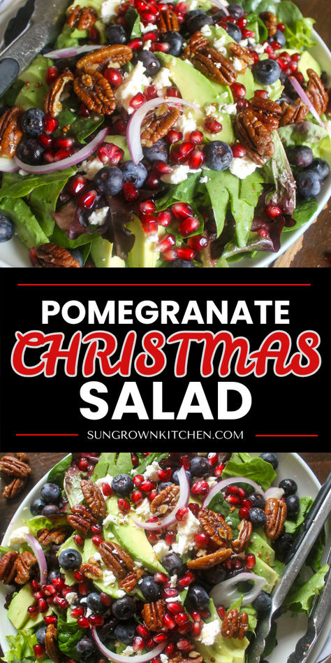 Blueberry Pomegranate Feta Salad is the perfect stunning Christmas salad for the holidays this year! Brimming with festive pomegranate seeds, fresh blueberries, creamy avocado and candied pecans, it's a delightfully sweet and salty combination your guests will love! Easy too, this Christmas Salad with pomegranate seeds is ready in 20 minutes! Cranberry Blueberry Salad, Pomogranette Salads, Salad With Pomegranate Seeds Holidays, Holiday Salad With Pomegranate, Pomegranate Seed Salad, Christmas Salad Pomegranate, Salad With Pomegranate Seeds Feta, Winter Salad For A Crowd, Christmas Pomegranate Salad