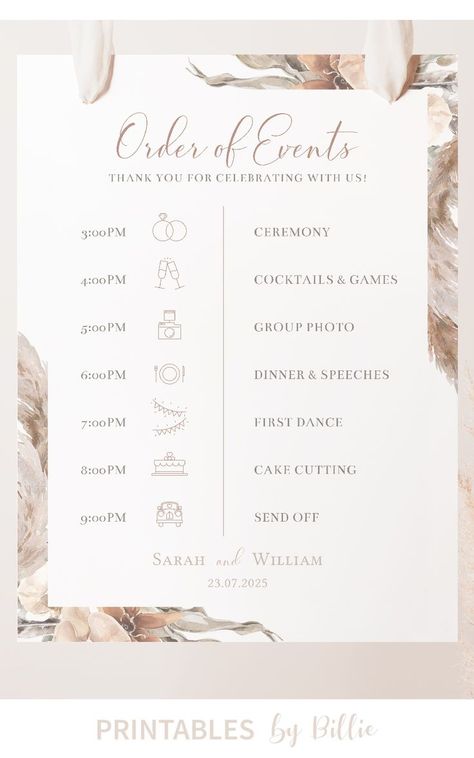 Order Of Events sign available on PRINTABLESbyBillie for your wedding, engagement party or bridal shower. Try the free demo link listed in the item description, and change or add additional icons before printing. You can change text, colours and add photos of your own to the Order Of The Day template. Visit my Etsy shop for matching items such as wedding invites, programs, place cards and other wedding decor. Bridal Shower Program Outline, Bridal Shower Program Templates, Engagement Party Program, Engagement Party Schedule, Order Of Events Wedding Program, Bridal Shower Program Ideas, Bridal Shower Program, Bohemian Bridal Shower Decorations, Order Of Events Sign