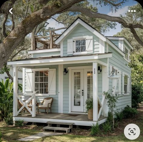 Mini House In Backyard, Small House With Sunroom, Tiny Home Outside, Tiny Houses Exterior, Tiny House Exterior Ideas, Light Blue Theme, Cute Small Houses, Mini Homes, Cottage Tiny House