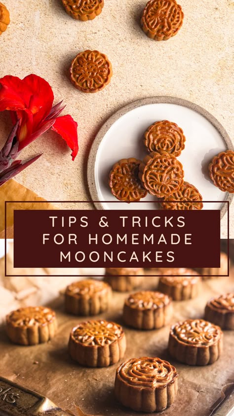 Moon Cake Recipe How To Make, Chinese New Year Moon Cakes, Mooncake Mold Ideas, Mooncake Recipe Chinese Moon Cake, Traditional Mooncake Recipe, Easy Moon Cake Recipe, Moon Cakes Chinese, Moon Festival Food, Moon Cakes Recipe