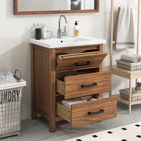 Modern 24'' Bathroom Vanity with Ceramic Basin Sink and 3 Drawers - Bed Bath & Beyond - 38411980 24 Inch Bathroom Vanity, Bathroom Vanity Storage, Grain Design, Small Bathroom Vanities, Ceramic Basin, Guest Bathrooms, Vanity Storage, Bathroom Redo, Bathroom Vanity Cabinets