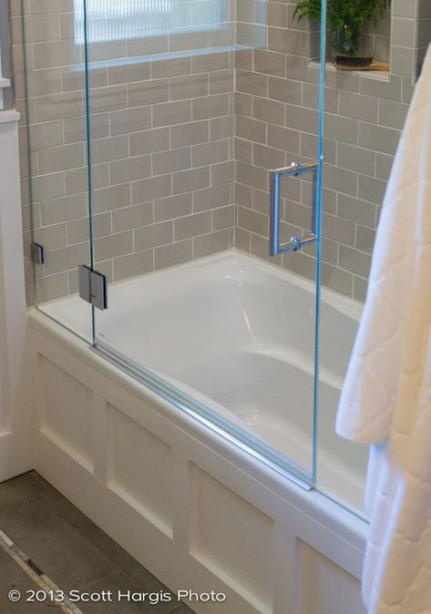 where can I find this glass door for the tub? good for small bath? Bathtub Shower Combo, Tub Remodel, Subway Tile Showers, Subway Tiles Bathroom, Small Bathtub, Refinish Bathtub, Doors Ideas, Bathtub Remodel, Tub Ideas