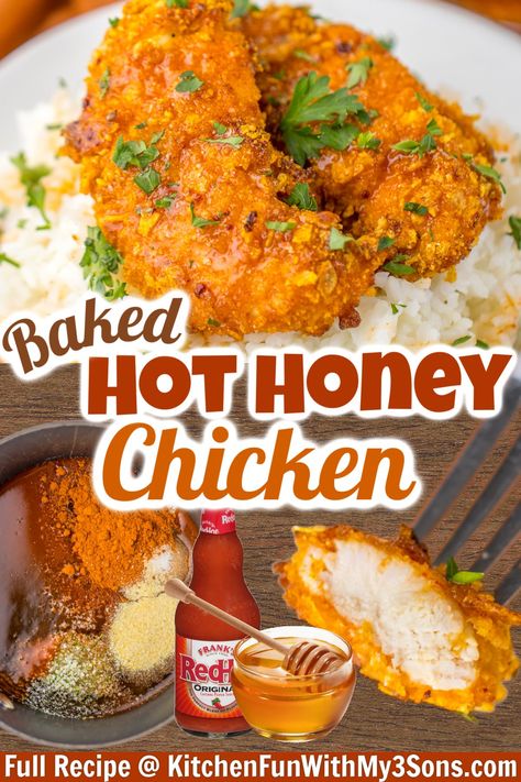 This recipe for Hot Honey Chicken is seriously delicious and addictive. The sweet and spicy sauce is a match made in heavy with the crispy chicken tenders. They are juicy on the inside with the perfect crunch on the outside. Who knew that the crispiest chicken could be made in the oven? Sweet Hot Chicken, Slow Cooker Hot Honey Chicken, Honey Spicy Chicken Tenders, Hot Honey Recipe Chicken, Hot Honey Chicken Recipe, Honey Hot Chicken, Hot Honey Chicken Tenders, Hot Honey Chicken, Hot Honey