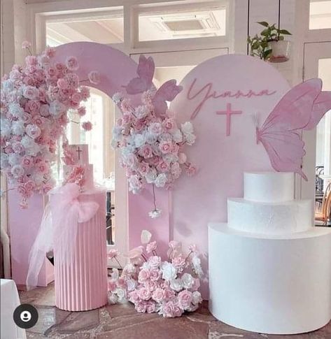 Baptismal Theme Girl Backdrops, Butterfly Bautizo, Baptismal Decorations Girl Backdrop, Pink Butterfly Decorations, Balloon Decoration At Home, Decoration For Birthday Party, Baptism Decorations Girl, Butterfly Themed Birthday Party, Butterfly Baby Shower Theme