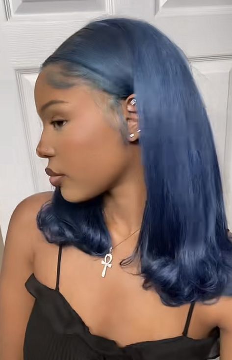 Blue Hair Color Black Women, Colors To Dye Ur Hair, Navy Blue Black Hair, Blue Hair Silk Press, Blue Undertone Hair, Blue Black Hair Black Women, Hair Color Ideas Dark Skin, Blue Hair Dye Black Women, Blue Streaks In Black Hair Black Women