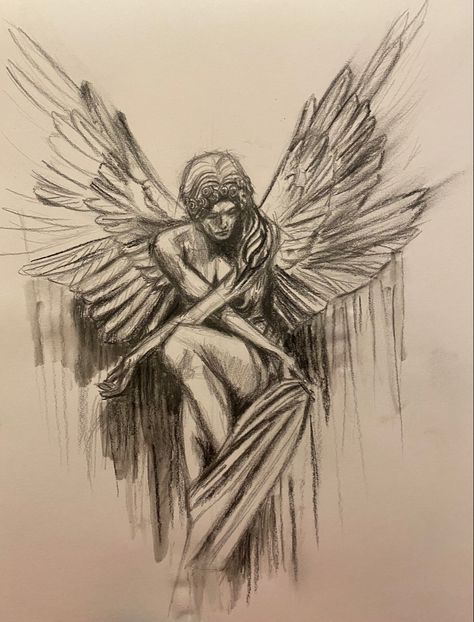 Angel Sketch Aesthetic, Art Inspo Drawing Sketches, Old Art Drawing, Angels Drawing Reference, Realistic Angel Drawing, Horizontal Sketches, Female Angel Drawing, Falling Angel Art, Angelic Drawings