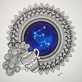 Zodiac sign Aquarius by Madhusuja Pieces Drawing Zodiac, Aquarius Drawing Zodiac Art, Mandala Henna Designs, Zodiac Signs Drawings, Signs Drawings, Zodiac Mandala, Sketch Book Idea, Mandala Henna, Zentangle Mandala