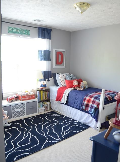 navy and red boys bedroom Bedroom Ideas Navy, Red Boys Bedroom, Navy Bed, Boys Bedroom Ideas, Boys Bedroom Themes, Diy Sofa Bed, Toddler Boy Room Decor, Boy Toddler Bedroom, Big Boy Bedrooms