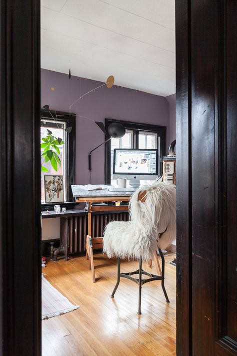 Purple And Black Interior Design, Purple Walls Black Trim, Black And Purple Office, Purple Office Walls, Dark Purple Office, Purple Office Ideas, Grey Office Ideas, Lavender Office, Purple Home Office