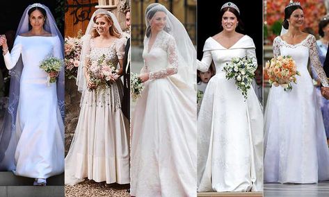 Royal wedding dresses: Princess Diana, Duchess of Cambridge, Duchess of Sussex, Sophie Wessex, Sarah Ferguson, Princess Beatrice and Eugenie and more. Royals Wedding Dresses, Royal Family Wedding Dresses, Princess Meghan Wedding Dress, Royalty Wedding Dress, Historical Wedding Dresses, Kate Wedding Dress, Princess Diana Wedding Dress, Lady Gabriella Windsor, 1960s Wedding Dresses