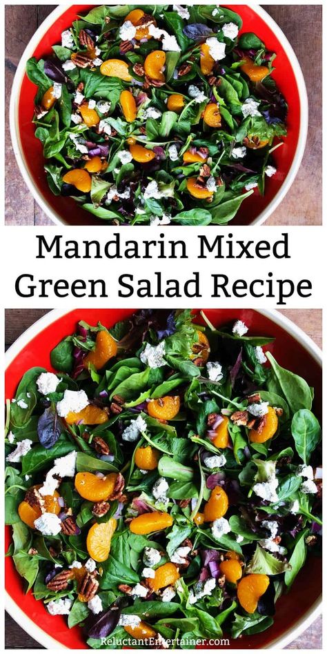 Mandarin Mixed Green Salad Recipe with citrus poppy seed dressing #greensalad #poppyseeddressing #mandarinorangegreensalad via @sandycoughlin Salad With Mandarin Oranges And Pecans, Green Salad Recipes Healthy, Easter Salad Recipes, Spicy Pecans, Mandarin Salad, Mixed Green Salad, Greens Salad, Mixed Baby, Green Salads