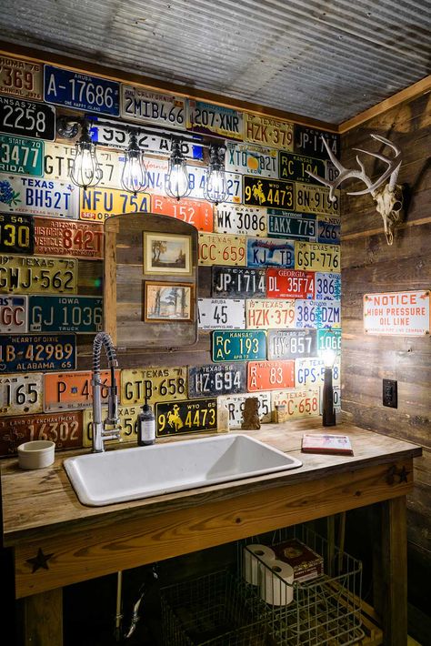 Portfolio | J. Bryant Boyd Architect Design-Build | Georgetown, TX Man Cave Bathroom Decor, Casa Rock, License Plate Decor, License Plate Crafts, Cave Bathroom, Bar Deco, Garage Bathroom, Man Cave Bathroom, Car Part Furniture