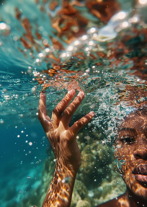 Underwater View of Reaching Hand Person Underwater Photography, Half Underwater Photography, Underwater Photography Women, Half Underwater, Reaching Hand, Pool Underwater, Deep Work, Bright Sunny Day, Inspirational Digital Art