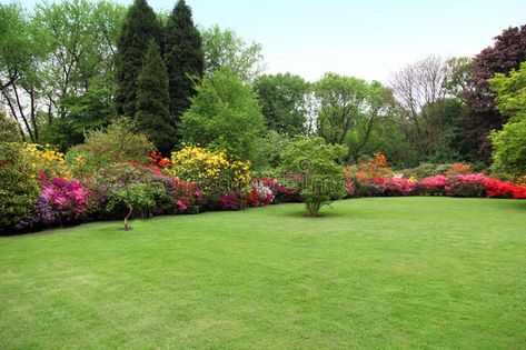 Beautiful manicured lawn in a summer garden. With a border of bright colourful f , #AD, #summer, #garden, #lawn, #Beautiful, #manicured #ad Large Backyard Landscaping, Privacy Landscaping, Garden Services, Beautiful Flowers Photos, Lawn Maintenance, Landscape Services, Green Lawn, Most Beautiful Flowers, Flowering Shrubs