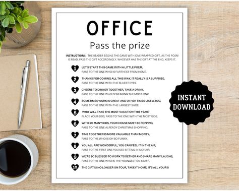 Office Pass the Prize Office Party Games Work Games Office Games Games for Work Icebreaker Games Team Building Games Printable - Etsy Dental Office Guessing Games, Staff Ice Breakers Team Building, Games To Play At Work With Coworkers, Staff Games At Work, Work Games Offices Fun, Staff Games For Teachers, Office Games Ideas, Games For Office Parties, Work Games For Staff