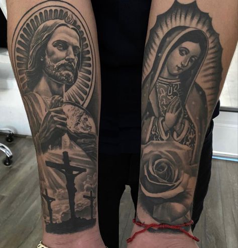 Virgencita Tattoo Men, Forearm Tattoo Sleeve Stencil, Virgen Mary Tattoo For Women Sleeve, Tattoo Ideas Virgin Mary, Tattoo Ideas San Judas, Our Lady Guadalupe Tattoo, Virgin Mary And San Judas Tattoo, San Judas And Virgen Tattoo, Rosary Forearm Tattoo