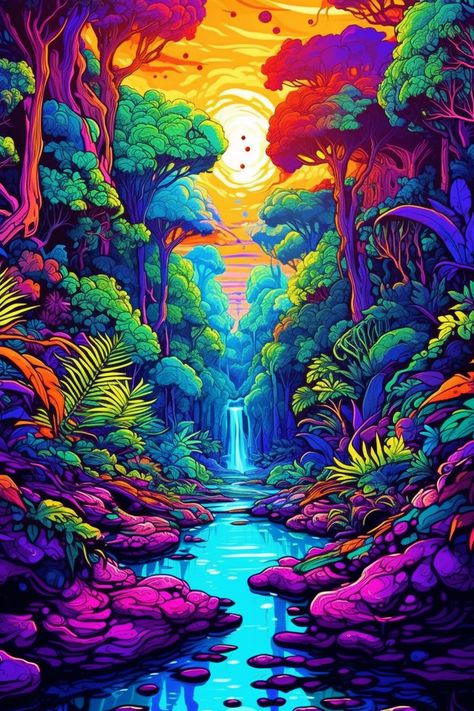 Colourful Fantasy Art, High Art Trippy, Trippy Fantasy Art, Vibrant Art Aesthetic, Colorful Landscape Art, Bright Trippy Wallpaper, Phycadellic Art, Phsycadellic Art Trippy, Trippy Poster Art