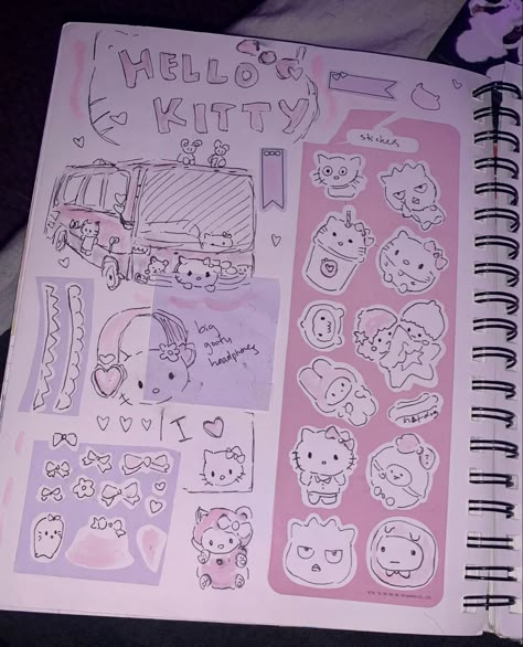 stickers Sanrio Sketchbook Cover, Doodle Journal Aesthetic, Kawaii Sketchbook Cover, Sketchbook With Stickers, Sanrio Sketchbook, Sketchbook Inspo Aesthetic, Hello Kitty Sketchbook, Stickers For Sketchbook, Sketchbook Spreads Aesthetic