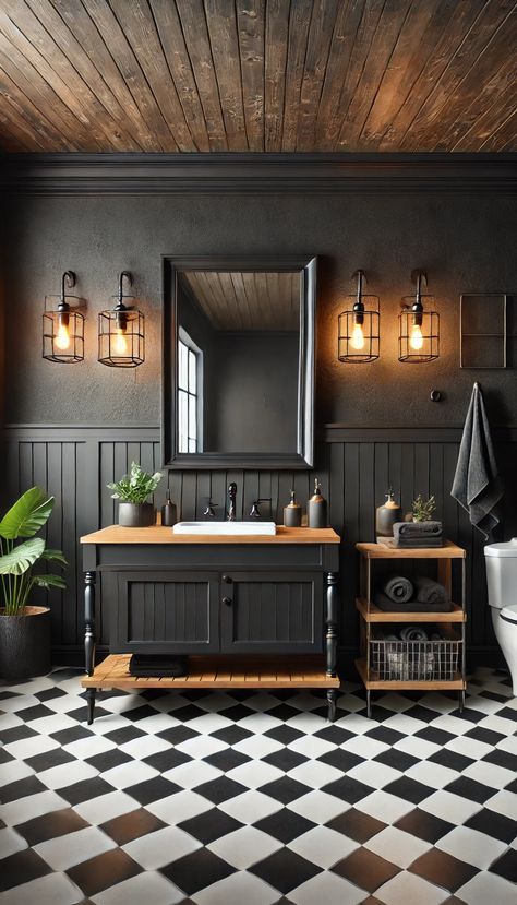 🖤 21 Stunning Black Bathroom Decor Ideas You Need to See Right Now! 🛁✨ Black Cabinets In Bathroom Ideas, Black Floor Small Bathroom, Black Accent Wall Small Bathroom, Brown Black Bathroom Ideas, Black And Cedar Bathroom, Black Bathroom Vanity Top, Black Bathroom Cabinet Ideas, Dark Gray And White Bathroom, Moody Luxury Aesthetic