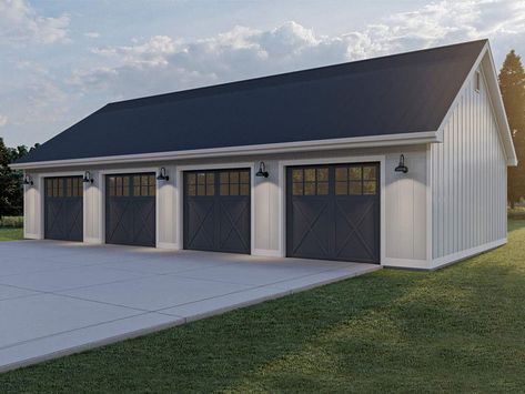 Four-Car Garage Plan, 050G-0128 Pole Barn Garage, 4 Car Garage, Farmhouse Garage, Garage Addition, Pole Buildings, Carport Designs, Three Car Garage, Garage Floor Plans, Barn Garage