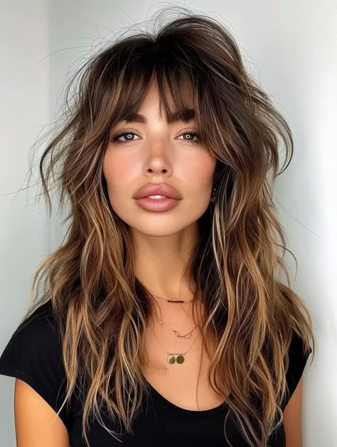 Long Hair And Bangs Round Face, Long Choppy Bangs, Long Shag Cut With Bangs Round Face, Light Shag Haircut, Long Shag Hairstyles With Bangs, Wispy Bangs Round Face, Brown Hair With Caramel, Curly To Straight Hair, Shag Haircut Ideas