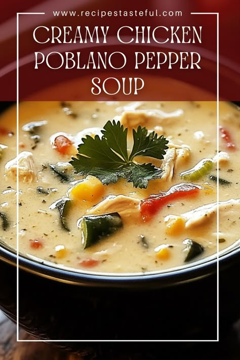 This creamy and flavorful chicken poblano pepper soup is perfect for cozy nights. Packed with tender chicken, roasted poblano peppers, and a blend of cheeses, it delivers a comforting taste that will warm your heart. Roasted Poblano Chicken Soup, Chicken And Poblano Peppers, Chicken Pablano Soup, Poblano Cheese Soup, Chicken Poblano Soup Recipe, Poblano Soup Creamy, Creamy Poblano Soup, Poblano Chicken Soup, Recipes With Poblano Peppers