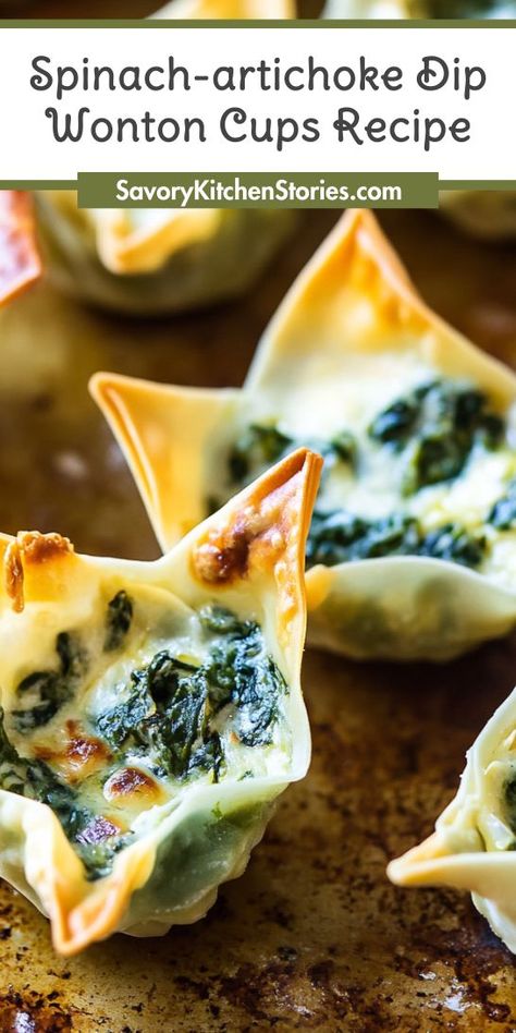 Craving a savory and satisfying appetizer that’s sure to delight? The Spinach-Artichoke Dip Wonton Cups Recipe is perfect for your next event, blending classic flavors in a fun, handheld format! Be sure to save this recipe for easy access to delicious appetizer inspiration anytime! Baked Spinach Artichoke Wonton Cups, Spinach Dip Wonton Cups, Spinach Artichoke Dip Pinwheels, Dinner Appetizers Easy Appetizer Ideas, Spinach Artichoke Dip In Phyllo Cups, Easy At Home Appetizers, Spinach Artichoke Dip Wonton Cups, Spinach Wonton Cups, Rotel Cups Appetizers