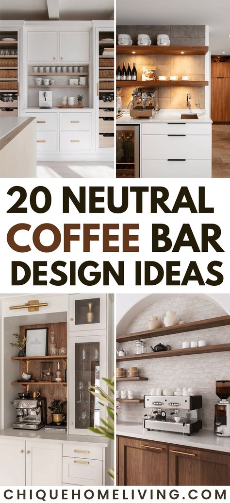 Discover the beauty of simplicity with our collection of 20 Neutral Coffee Bar Design Ideas! ☕🌿 Embrace the elegance of neutrals in your at-home coffee haven, from serene whites to warm greys and natural tones. These designs showcase the power of understated sophistication, combining functionality with a touch of minimalist charm. Explore stylish layouts, clever storage solutions, and chic decor that create a cozy and inviting coffee corner. #NeutralCoffeeBar Kitchen Design With Coffee Bar, Kitchen Bar And Coffee Station, Coffee Nook Backsplash, Coffebar In Kitchen, Kitchens With Coffee Stations, Coffee Dry Bar, Coffee Section Kitchen, Coffee Corners In Kitchen, Modern Coffee Bar Ideas Home