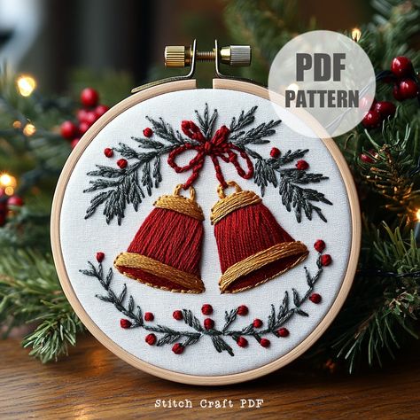 DESCRIPTION Celebrate the holiday season with this Festive Bells Hand Embroidery Pattern! Perfect for Christmas enthusiasts and embroidery lovers, this design features two charming bells surrounded by pine branches and berries. Ideal for creating beautiful hoop art, this pattern is beginner-friendly and instantly downloadable. Let's stitch and bring festive cheer to your home decor! YOUR DOWNLOAD INCLUDES: ~ Printable PDF pattern in 6 sizes: 3,4,5,6,7 and 8 inches, giving you the flexibility to Christmas Theme Embroidery Designs, Yule Embroidery Pattern, Bell Christmas Decorations, Bells Decor, Christmas Hand Embroidery, Ornament Embroidery, Embroidery Ornaments, Winter Embroidery, Beginner Embroidery