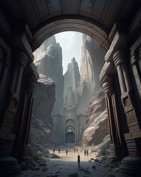 Fantasy Stone City, Stone City Concept Art, Lost City Aesthetic, Rock Architecture, Stone Kingdom, Environment Aesthetic, Dnd City, Dark Rise, Faerie Aesthetic