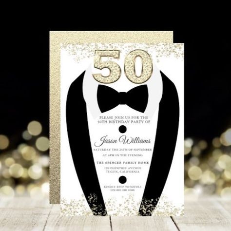 Mens 50th Birthday, Black Tuxedo Suit, 50th Birthday Party Invitations, Fifty Birthday, 50th Birthday Invitations, Party Invite Design, 50th Party, Luxury Invitation, Black Invitation