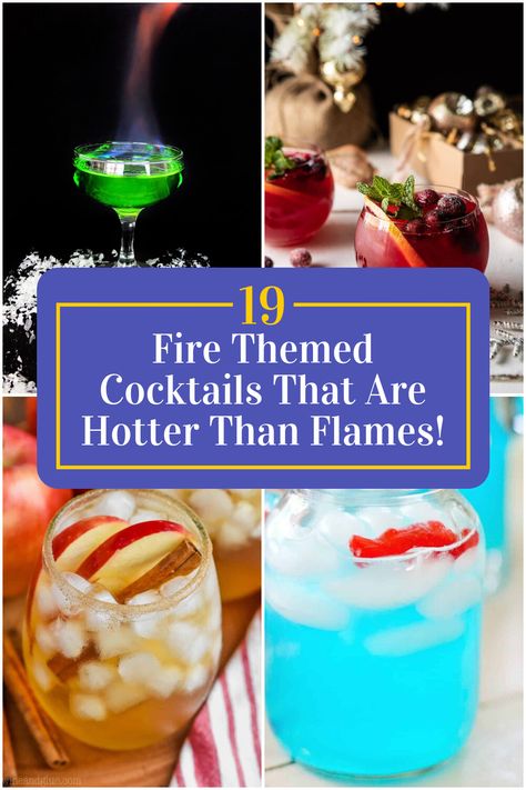 Collage of 4 fire themed cocktails. Firefighter Themed Drinks, Fire And Ice Themed Party, Fire And Ice Cocktails, Fire Themed Drinks, Fire Themed Cocktails, Fire Water Recipe, Themed Cocktail Recipes, Wing Party, Spicy Margarita Recipe