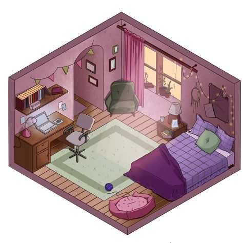 Concept Art Bedroom, Isometric Room Art, Isometric Art House, Kawaii Isometric, Isometric Room Illustration, Isometric Rooms, Cartoon Town, Isometric Room, Aesthetic Bedrooms