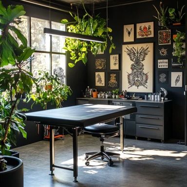 Cool Tattoo Studio Interior, Tattoo Shop Layout, Small Tattoo Studio Interior, Tattoo Station Ideas, Tattoo Studio Aesthetic, Tattoo Shop Aesthetic, Tattoo Studio Ideas, Tattoo Shop Ideas, Private Tattoo Studio