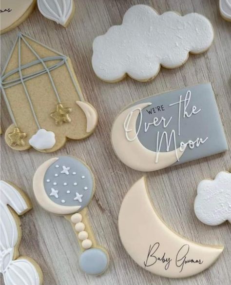 Over The Moon Cookies Decorated, Over The Moon Baby Shower Cookies, Over The Moon Cookies, Two The Moon Cookies, Star Cookies Decorated, 2024 Cookies, Moon Stars Baby Shower, Moon Cookies, Star Baby Shower Theme