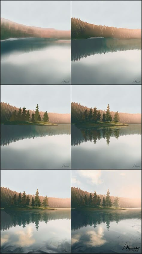 Lake Digital Painting, Nature Backgrounds Painting, Scenery Drawing Tips, Landscape Art Step By Step, Drawing References Landscape, Digital Tutorial Step By Step, How To Draw Scenery Digital, Landscape Practice Drawing, Digital Art Scenery Tutorial