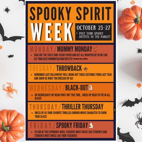 October Dress Up Days, Fall Spirit Week Ideas For Workplace, Halloween Spirit Week Ideas For Daycare, Halloween Spirit Week Ideas For School, Underground Spirit Week For Teachers, Halloween Spirit Week Ideas For Work, Fall Spirit Week Ideas, Pct Nurse, Dress Up Days For School Spirit Weeks