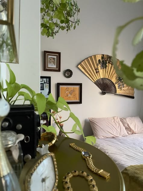 Blank Wall Above Bed, Fan On Wall Decor, Hanging Art Above Bed, Style Above Bed, Art Wall Above Bed, Decorative Fan Wall, Fan Wall Art, Fan Above Bed, Fan Over Bed