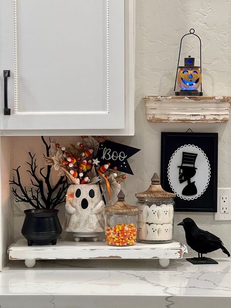 Halloween Decor Above Cabinets, Halloween Open Shelves, Indoor Ghost Decor, Halloween Decorations Shelves, Halloween Countertop Decorations, Halloween Decor Shelves, Top Of Cabinet Halloween Decor, Diy Halloween Kitchen Decor, Halloween Kitchen Counter Decor