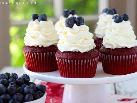 The 4th of July is almost here!!! Are you ready for hot dogs, burgers, chips, picnic blankets and red, white and blue desserts?! Well, here's another option for your dessert table :)  Red velvet cupcakes topped with a whipped cream frosting and fresh blueberries! The Story: The 4th of July is my favorite day of the summer.  Not only do we get to eat hot dogs and macaroni and cheese all day long and wash it down with a slurpee or two, but we can wear whatever we want… as long as it's red, white 4th Of July Cupcakes, 4th July Food, 4th Of July Wedding, July 4th Party, Red Velvet Cake Mix, Patriotic Desserts, 4th Of July Food, July Desserts, 4th Of July Recipes