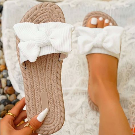 Fancy Sandals, Women Flat Sandals, Womens Sandals Summer, Summer Slippers, Fresh Shoes, Fairy Fashion, Bow Sandals, Womens Sandals Flat, Beach Shoes