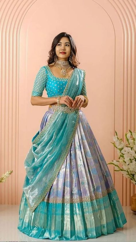 Hobi girl edit Lehanga Designs South Indian, Lehenga Half Saree Model, Half Saree For Function, Designer Half Sarees Weddings, Lehenga Designs For Marriage, Pattu Saree Half Saree, Pavadai Thavani Blouse Design, Blouse For Half Saree Designs, South Indian Wedding Lehengas Bridal