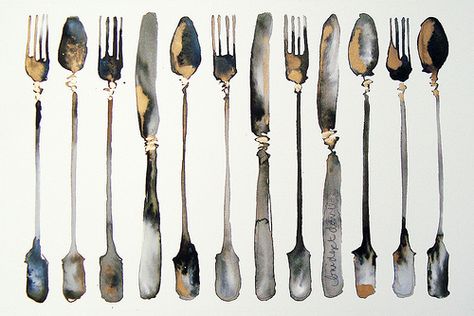 Abstract Watercolor Tutorial, Food Paintings, Cutlery Art, Tinta China, Chinese Ink, Still Life Drawing, Year 11, Sumi E, Everyday Objects