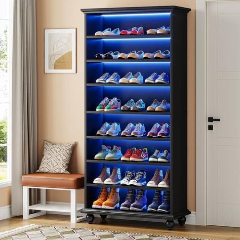 67 Inches Tall Modern Shoe Storage Cabinet with LED Light for Bedroom Living Room Entryway - Bed Bath & Beyond - 39752078 Wood Shoe Organizer, Tall Shoe Cabinet, Wood Shoe Storage, Nightstand Organization, Shoes Storage, Wood Shoe, Wood Shoes, Living Room Shelves, Room Shelves