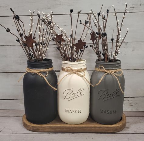 Mason canister set in wood tray, hand painted Mason canisters, Farmhouse Neutral Mason with Pip Berries Chalk painted in black, white and gray. Distressed and sealed with matte sealer. Jute ties added. Wood tray is stained. Pip berries, 3 sprays. Each jar has 1 white pip and 2 gray/black mix with rustsy stars. Please allow 1-2 weeks to create. Need a different color? just ask Ask me about custom orders. Included: New Mason jars (3) and wood tray Farmhouse Kitchen Decor Diy, Kitchen Decor Diy, Mom Crafts, Moms Crafts, Diy Kitchen Decor, House Crafts, Hello Kitty Nails, Cat Nails, Country Farmhouse Decor