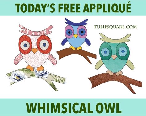 Free Appliqué Pattern - Whimsical Owl - TulipSquare.com Applique Patterns Free Printable, Applique Patterns Free, Applique Designs Free, Holiday Quilt Patterns, Quilted Placemat Patterns, Free Applique Patterns, Owl Applique, Animal Templates, Whimsical Owl