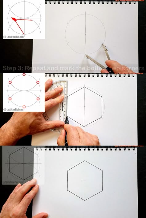 Drawing hexagon with pen and paper using compass and ruler - video tutorial. Drawing A Hexagon, How To Draw A Hexagon With A Ruler, Hexagon Drawing Ideas, How To Draw Hexagon Shape, How To Draw A Hexagon Step By Step, Hexagon Drawing Design, How To Draw A Hexagon, Hexagon Drawing, Hexagon Angles