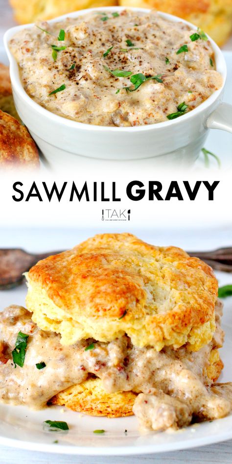 Sawmill Gravy Recipe, Homemade Sawmill, American Comfort Food Recipes, Country Gravy Recipe, Sawmill Gravy, Breakfast Gravy, Recipe With Sausage, Bacon Gravy, Pork Breakfast Sausage