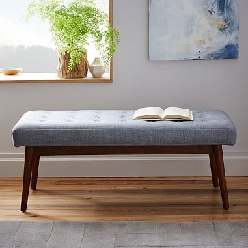 Mid-Century Upholstered Bench | west elm Mid Century Modern Living Room Decor, Diy Headboard Upholstered, Mid Century Bedroom, Living Space Decor, Mid Century Modern Bedroom, Bench Decor, Mid Century Modern Living, Mid Century Modern Living Room, Living Room Bench